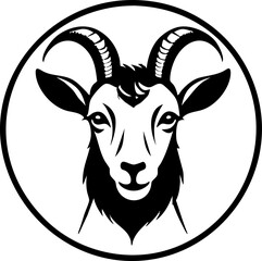 A detailed monochrome illustration of a goat's head with curved horns.