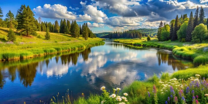 A serene river flowing through a lush meadow with tall trees and vibrant wildflowers, surrounded by rolling hills and a clear blue sky with puffy white clouds , peaceful, reflection