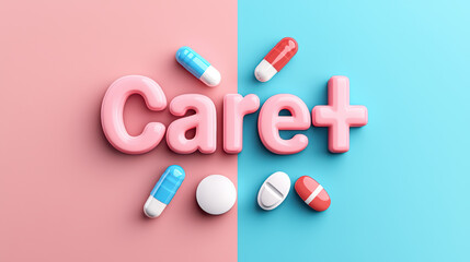 Naklejka premium Care+ text with colorful pills on pastel background, symbolizing health