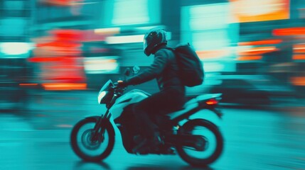A motorbike courier speeds through vibrant city streets at night, maneuvering quickly around urban obstacles and glowing signs