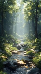 Obraz premium A serene forest scene with a gentle stream, illuminated by soft sunlight filtering through the trees.