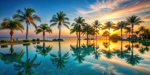 Tropical Pool Water Reflecting Palm Trees, serene atmosphere