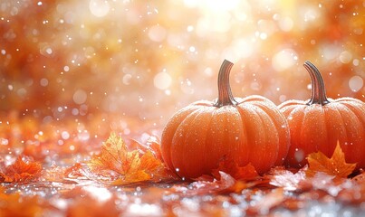 A serene autumn scene featuring pumpkins and colorful leaves, evoking a cozy seasonal atmosphere.