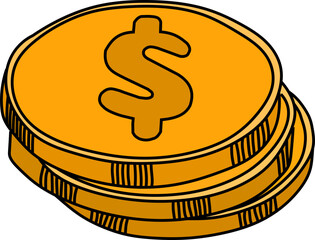 illustration of pile gold coins. stack of dollar coins. money, finance, currency,  prize, rich, treasure, income, and cash icon