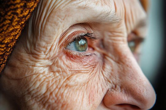 Close-up profile of elderly woman with green eyes and wrinkles, highlighting the effects of aging on skin