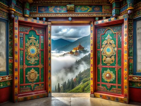 Double Exposure: Serene Monastery Door, Ravangla, Sikkim, India