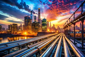 Fototapeta premium Double Exposure: Urban Drainage System & Cityscape - Abstract Stock Photo