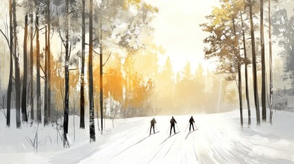 Winter Sunrise Cross-Country Skiing Scene