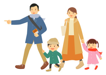 冬に観光をする4人の家族のイラストのイメージ
