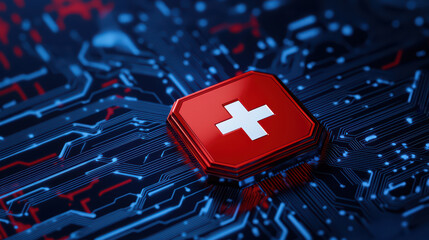 Futuristic digital interface with red cross symbol on circuit board