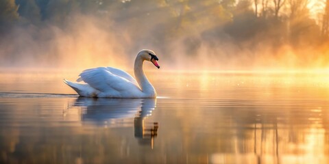 Fototapeta premium Elegant Swan floats serenely on a serene lake at sunrise, surrounded by soft morning light and misty atmosphere, with gentle ripples on the water, peaceful, serene