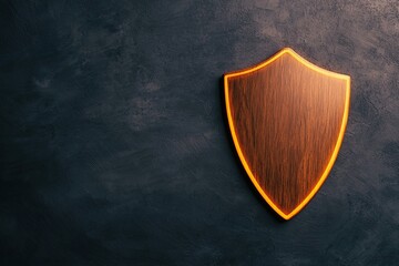 A polished shield emblem with a warm glow, set against a dark textured background, symbolizing protection and security.