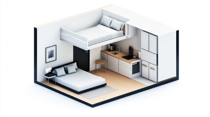 A modern, minimalistic bedroom and kitchen layout in 3D design.
