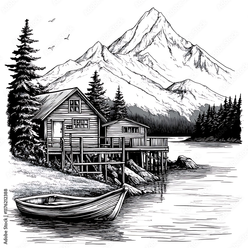 Wall mural Ink Drawing of a Secluded Lakeside Cabin with Mountain View and Rowboat.