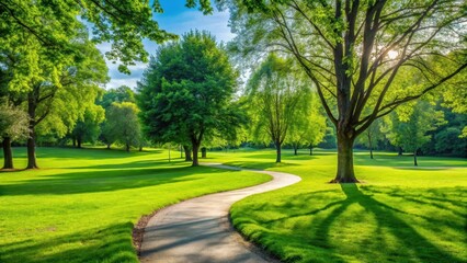A serene green grass field in a public park with a few trees and a winding path , foliage, public park,  foliage