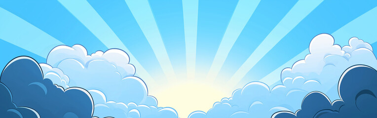 Fototapeta premium Blue sky with white clouds and sun rays, a panoramic banner background.
