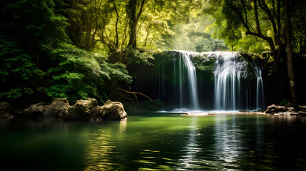 Obraz premium Ephemeral Light Beaming through Verdant Canopy onto a Hidden Cascading Waterfall - An Unspoiled Natural Sanctuary