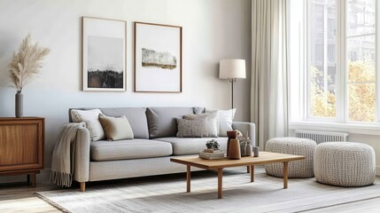 A living room with a couch, coffee table, and two poufs