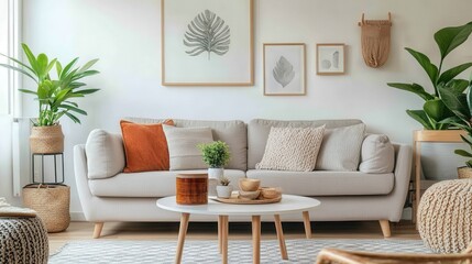 A living room with a white couch, a coffee table, and a few potted plants