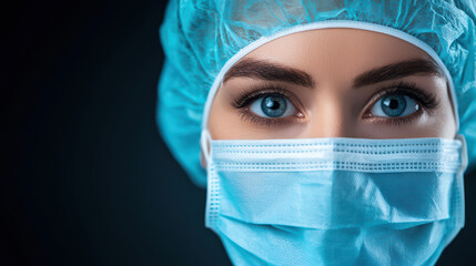 Close up of healthcare worker wearing mask and cap, focused and attentive