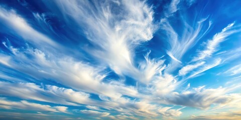 A serene blue sky with fluffy white clouds and a few wispy strands of cirrus cloud scattered across it in gentle hues of light gray and beige, serene landscape, natural beauty