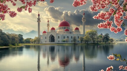 Serene Mosque by the Lake under a Cloudy Sky