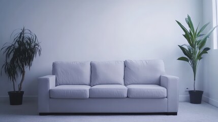 A white couch with three pillows sits in front of a large potted plant