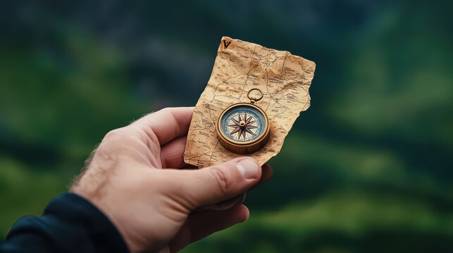 hand holding compass and vintage map in nature