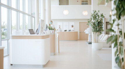 Modern Clinic Reception: A clean and inviting reception area in a modern medical clinic, featuring a sleek reception desk, comfortable seating, and a calming ambiance.