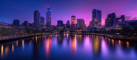 Naklejka premium Illuminated futuristic city skyline reflecting in a river at dusk