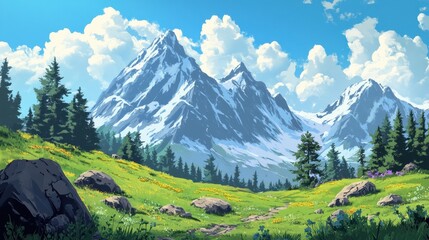 Obraz premium A Winding Path Through a Verdant Meadow with Snowy Mountain Peaks in the Distance