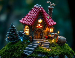 Fototapeta premium Whimsical Fairy-Tale House: Mossy Hill Setting, Glowing Windows, Red Tiled Roof with Geometric Patterns, Stone Walls, Gem Decorations, and Magical Crystals Creating a Cozy and Enchanting Scene