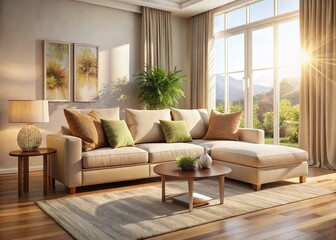 Elegant Beige Textured Sofa in Modern Living Room - Cozy Home Decor Drone Shot