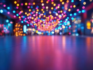 Obraz premium A vibrant, colorful bokeh effect with lights creating a festive atmosphere in a blurred indoor setting.