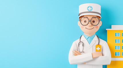 cheerful doctor character in white coat with st oscope, smiling against blue background