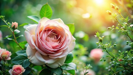 Delicate rose flower surrounded by lush green leaves and stems in a beautiful floral frame, greenery