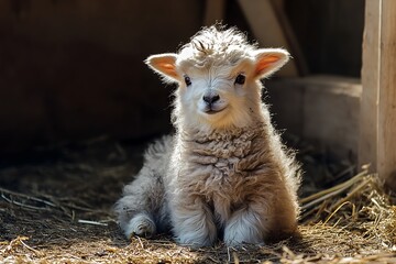 Obraz premium Fluffy white lamb resting peacefully in a sunlit barn, enjoying a quiet moment on a bed of straw