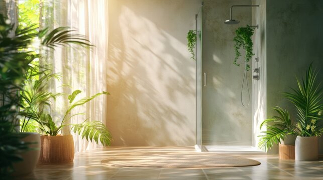 A bathroom with a shower and plants
