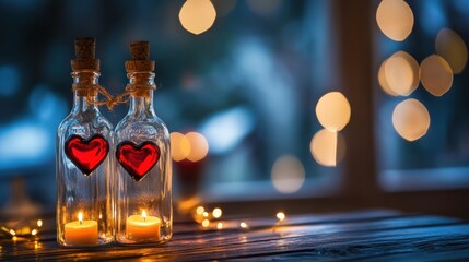 Romantic candlelit bottles with heart decor cozy setting photography soft lighting close-up view love concept