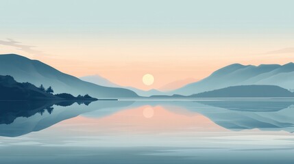 Obraz premium Serene Mountain Lake at Sunset with a Silhouetted Landscape