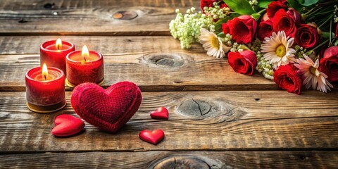 Wooden table with two red hearts surrounded by flowers and candles, rustic, home,  rustic, home, couple, heart shape
