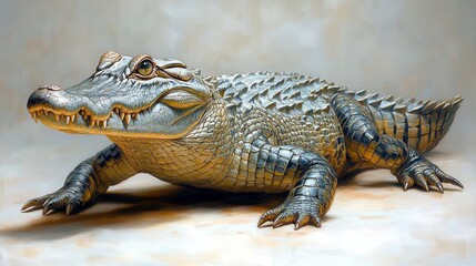 Obraz premium Close-up of a young alligator, showcasing its textured skin and sharp teeth, against a neutral background.