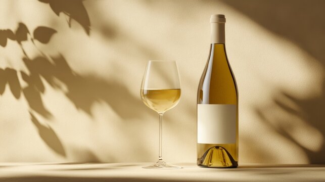 15.Artistic composition featuring a white wine bottle and glass against a beige background, with delicate highlights and shadows. The minimalist setting and natural colors evoke a refined simplicity,