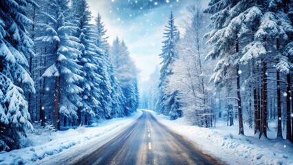 Obraz premium Snowy Road through the wintry forest, frosty air, snowflakes falling