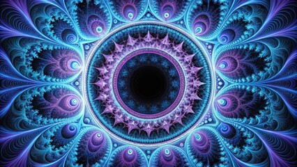 A vibrant abstract fractal background with intricate patterns and shapes in shades of blue and purple, set against a stark empty black circle , empty space, art