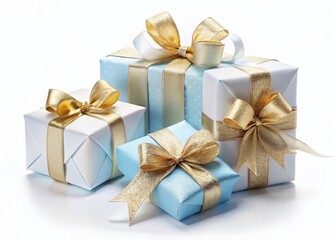 Obraz premium Elegant Gift Boxes with White, Blue & Gold Ribbons - Festive Holiday Presents Stock Photo