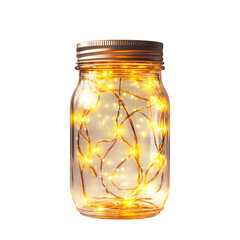 Close-up of glowing fairy lights in a mason jar isolated on solid transparent background, png, cut out  