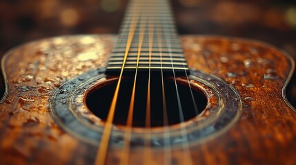 Fototapeta premium Close-up of acoustic guitar's soundhole and strings.