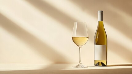 11.Minimalist scene of a white wine bottle and matching glass set on a beige background, with ample space for text. The clean, soft tones create a sense of elegance and simplicity, highlighting the