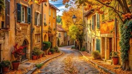 A winding stone road in Provence surrounded by golden autumn leaves and terracotta-hued buildings, autumn, landscape